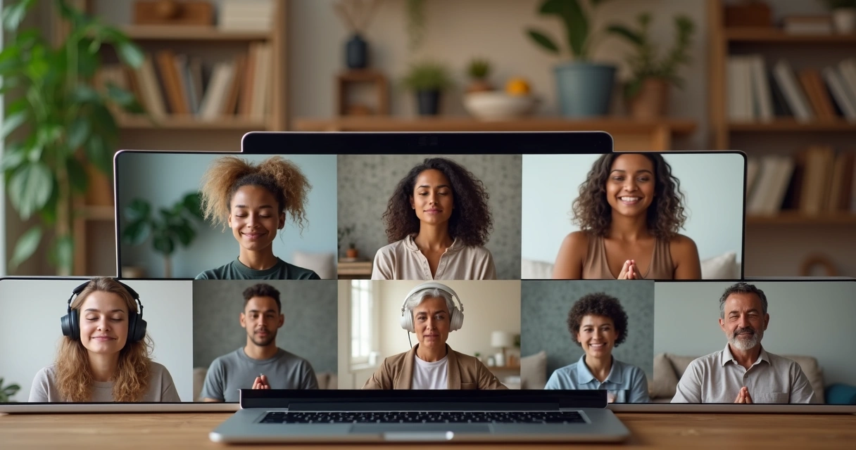 Personas en teletrabajo practicando meditación juntos de forma virtual 