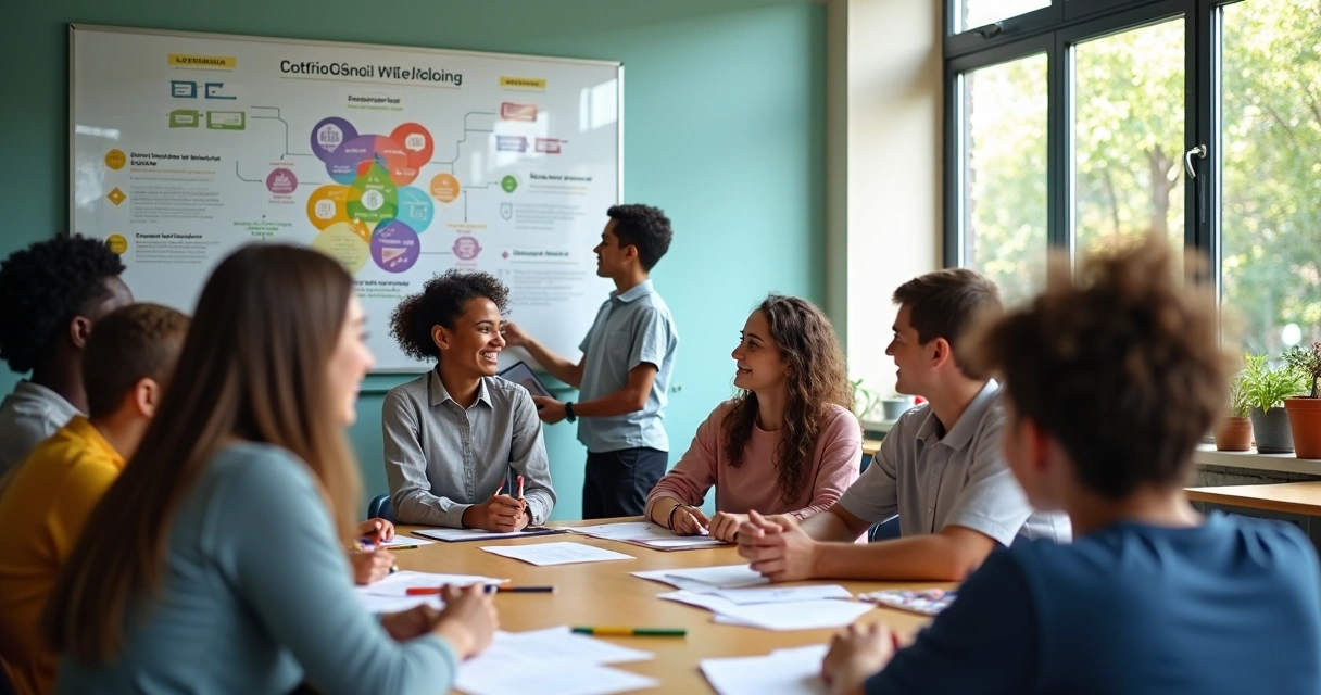Docente y estudiantes en círculo evaluando el bienestar de la comunidad educativa 