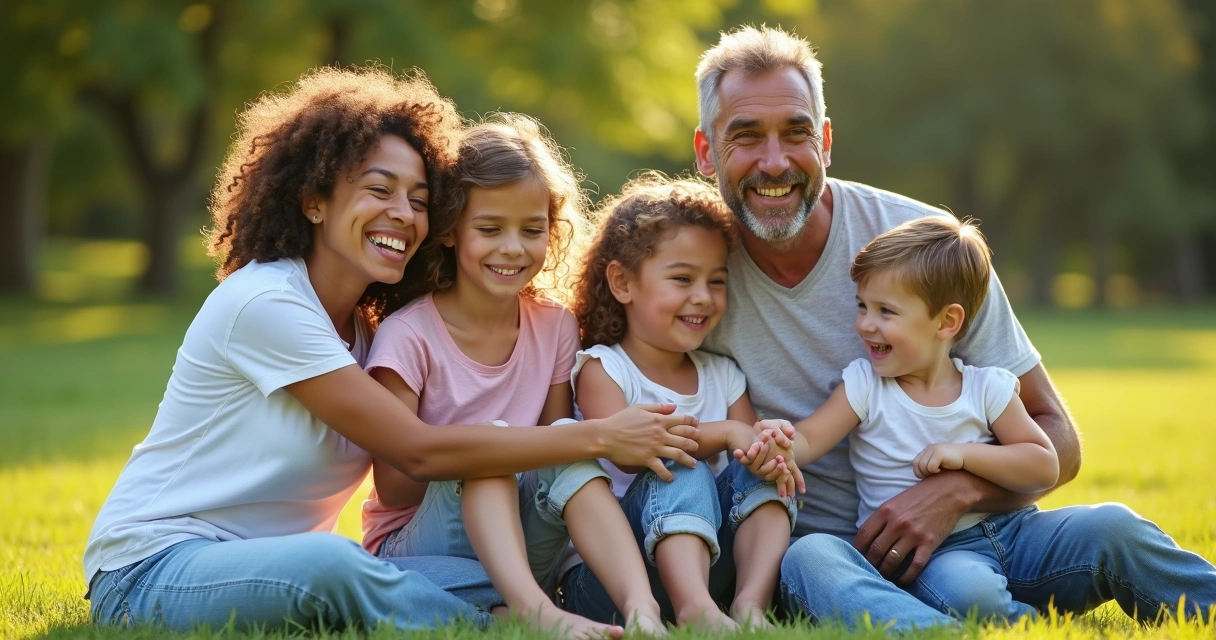 Grupo familiar de diferentes edades compartiendo en círculo, sonriendo y abrazándose en un parque