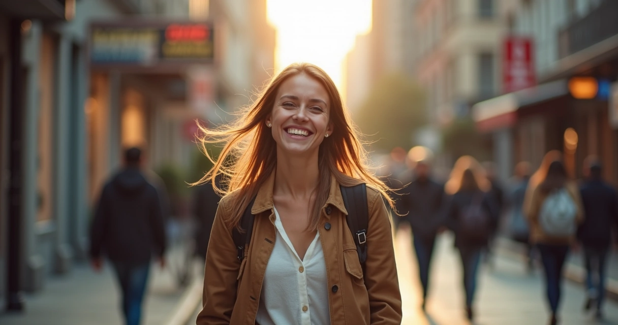 Persona sonriente caminando relajada por una ciudad iluminada 