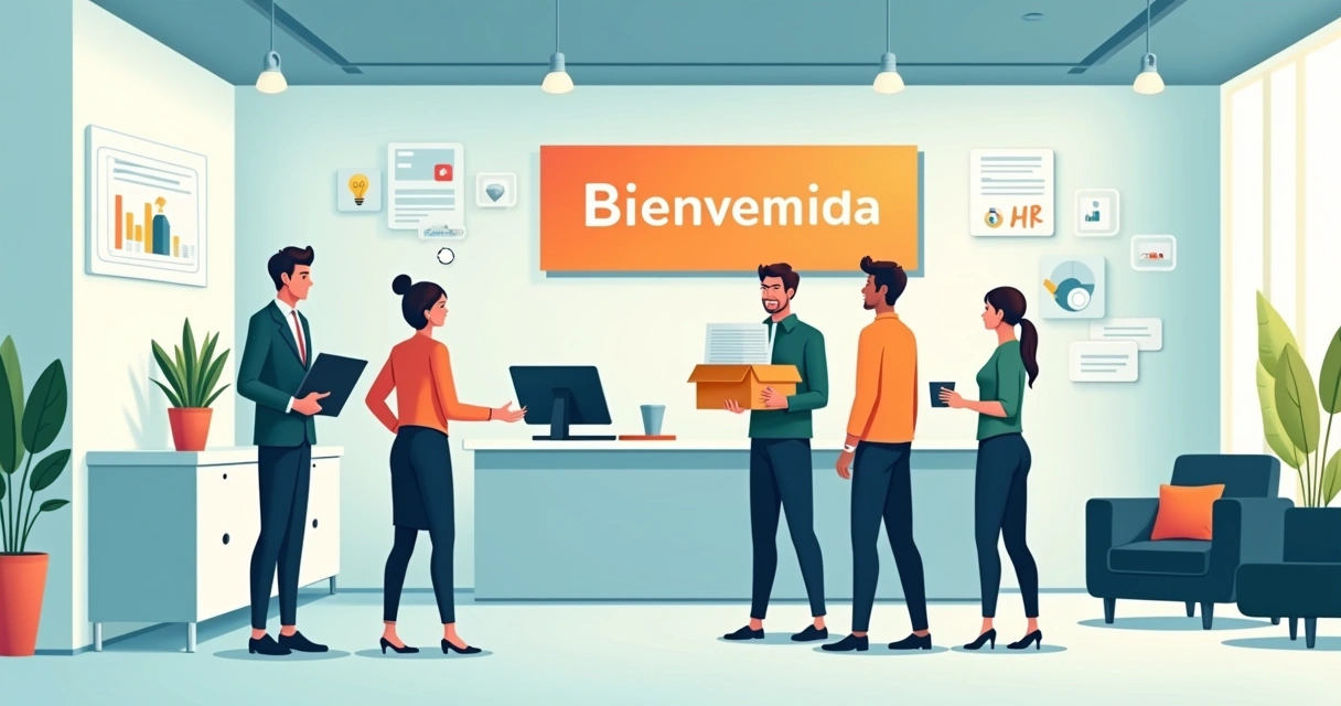 Equipo de oficina recibiendo a nuevo colaborador con bienvenida organizada 