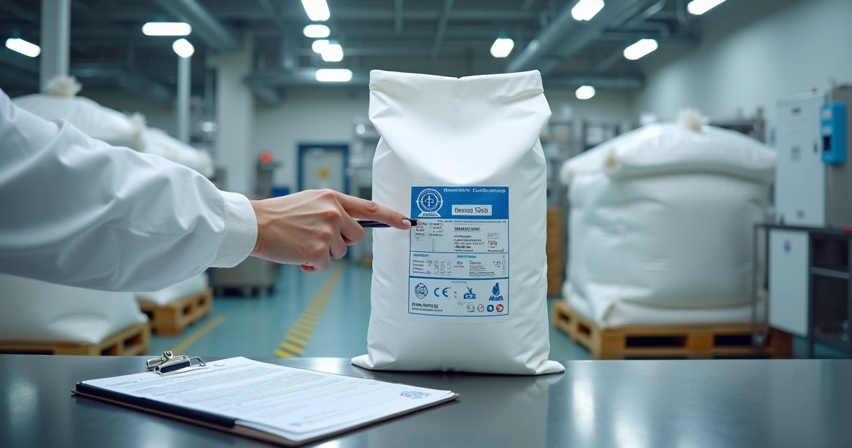 Inspeção de big bag branco para alimentos com selos de certificação 