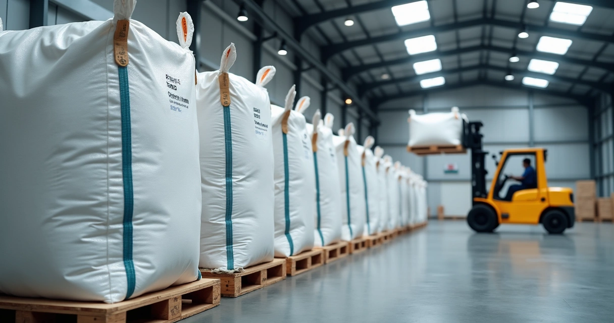 Big bags empilhados em armazém organizado com empilhadeira ao fundo 