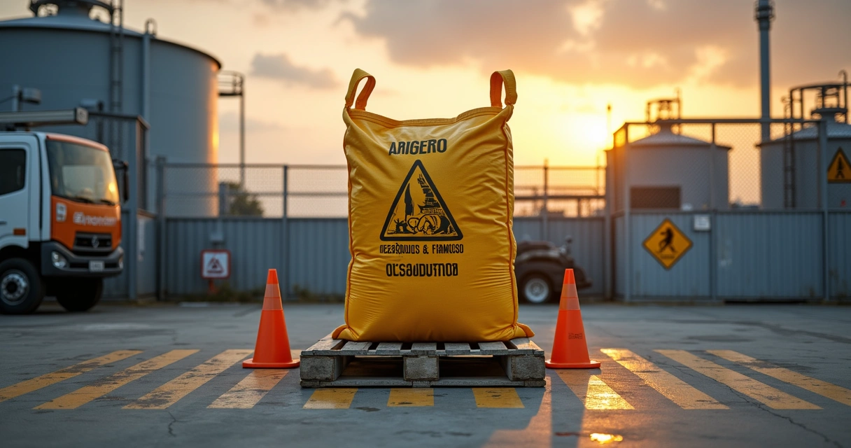 Big bag amarelo para resíduos perigosos em área de contenção demarcada 