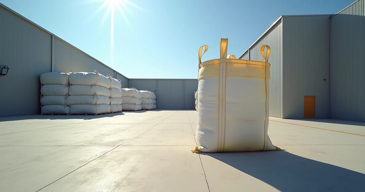 Big bag esbranquiçado ao sol mostrando desgaste na área externa 
