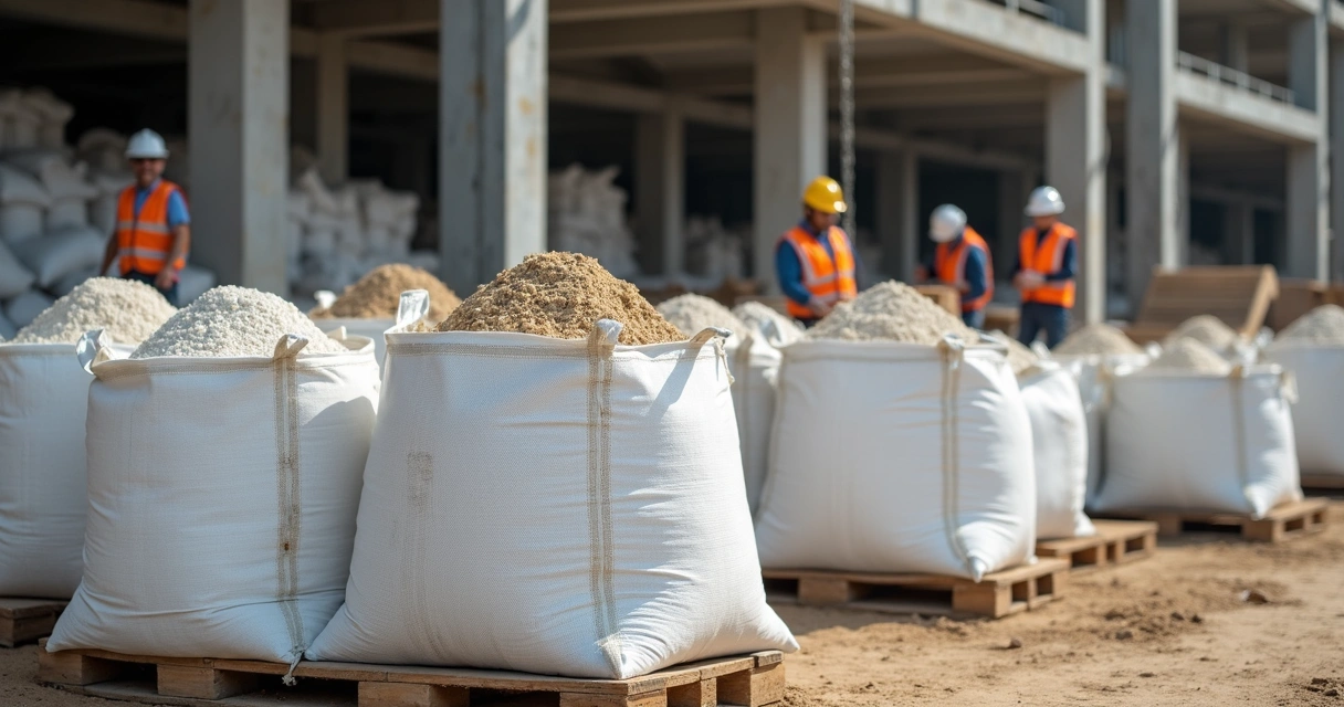Big bags ventilados armazenados em canteiro de obras 