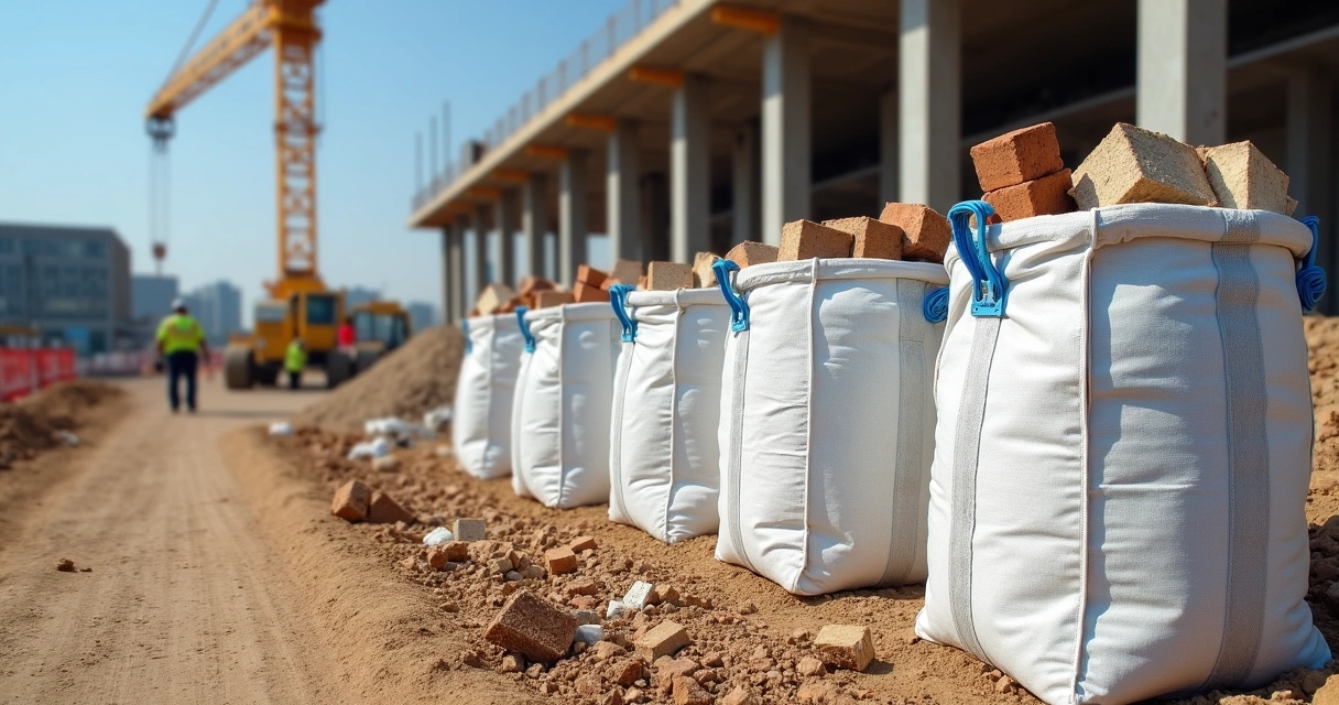 Big bags ventilados brancos armazenando entulho em canteiro de obra a céu aberto 