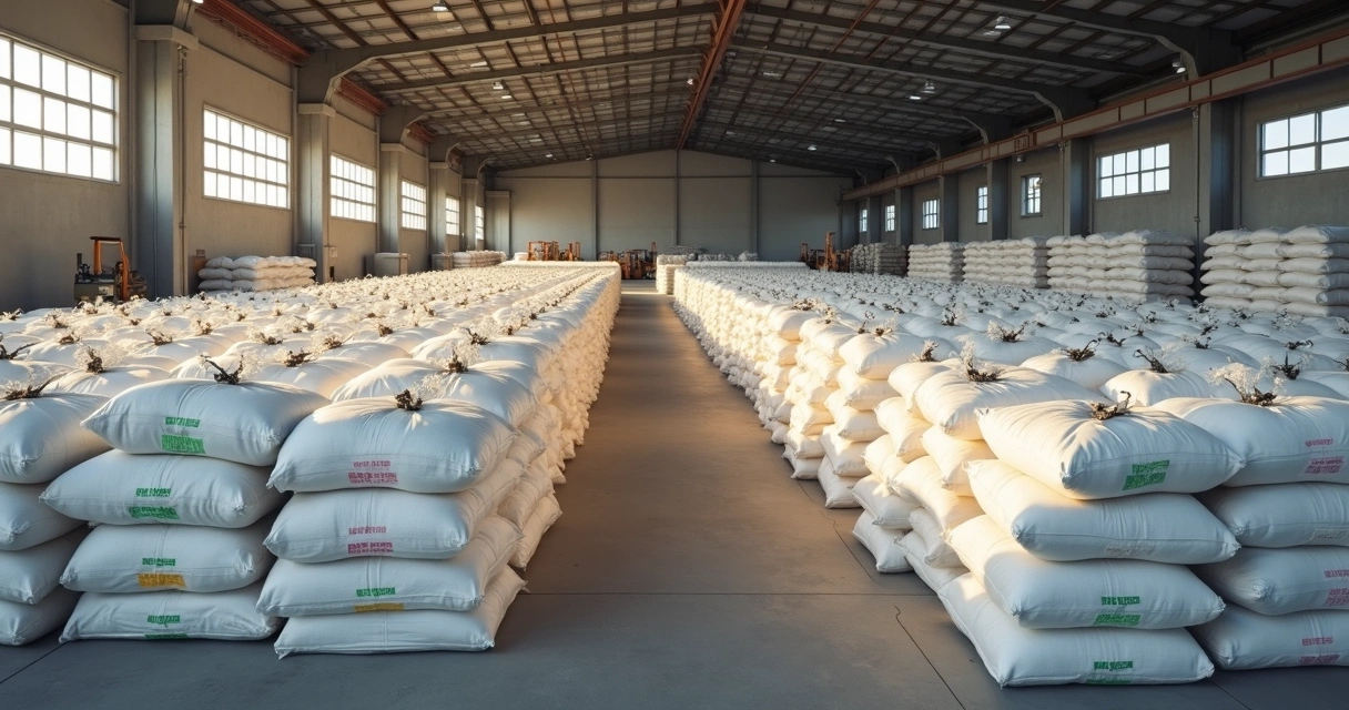 Armazém com big bags empilhados com fertilizantes 