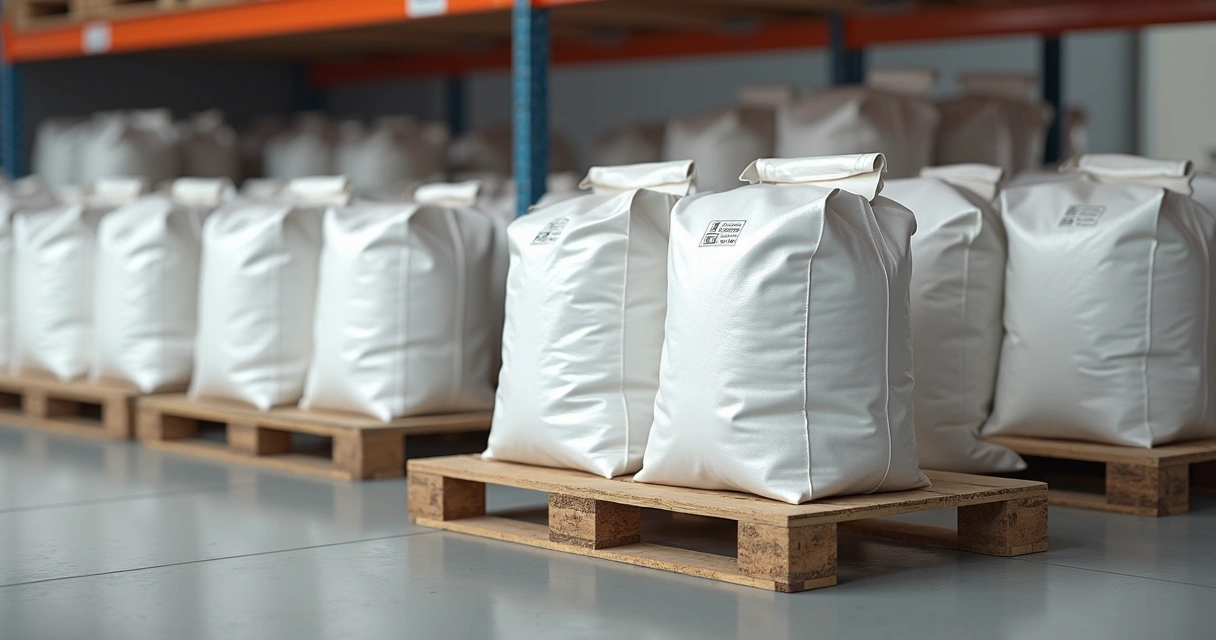 Big bags brancos armazenados em ambiente controlado para alimentos 