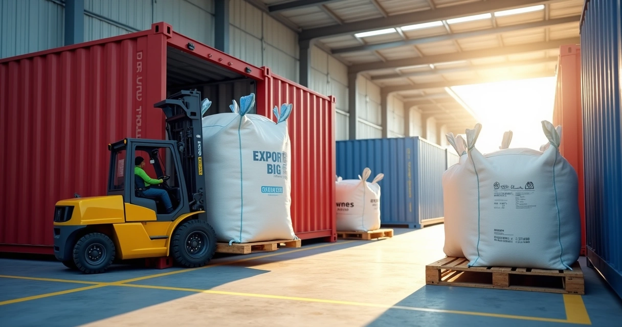 Empilhadeira posiciona big bag contáiner de exportação aberto 