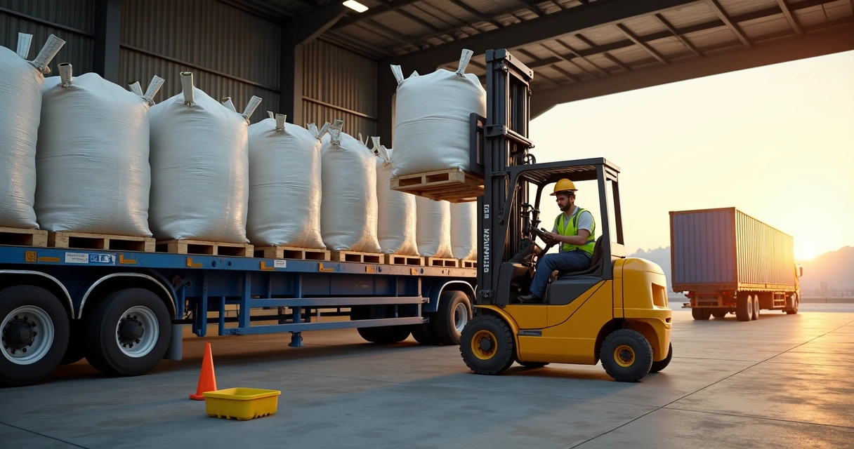 Empilhadeira posicionando big bag de fertilizante intacto em caminhão de carga 