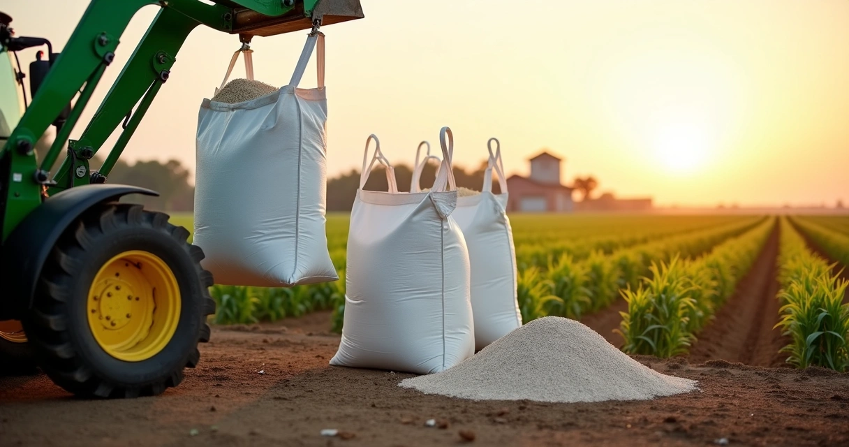 Trator posicionando big bag de fertilizante sólido ao lado de plantação verde 