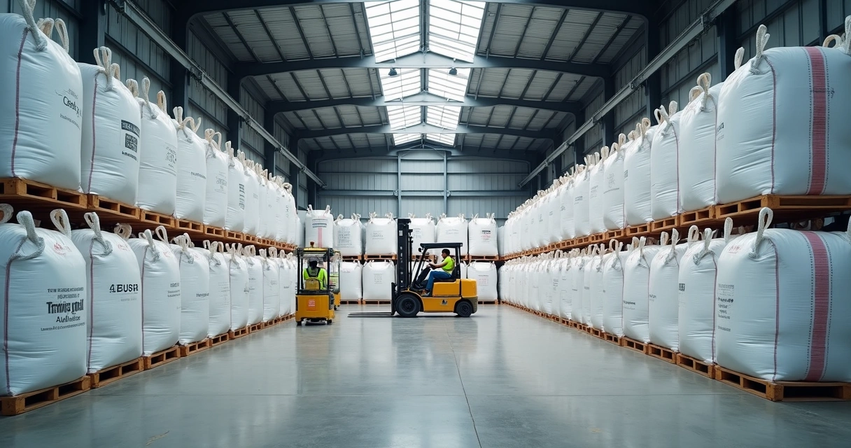 Empilhamento de big bags em galpão industrial 