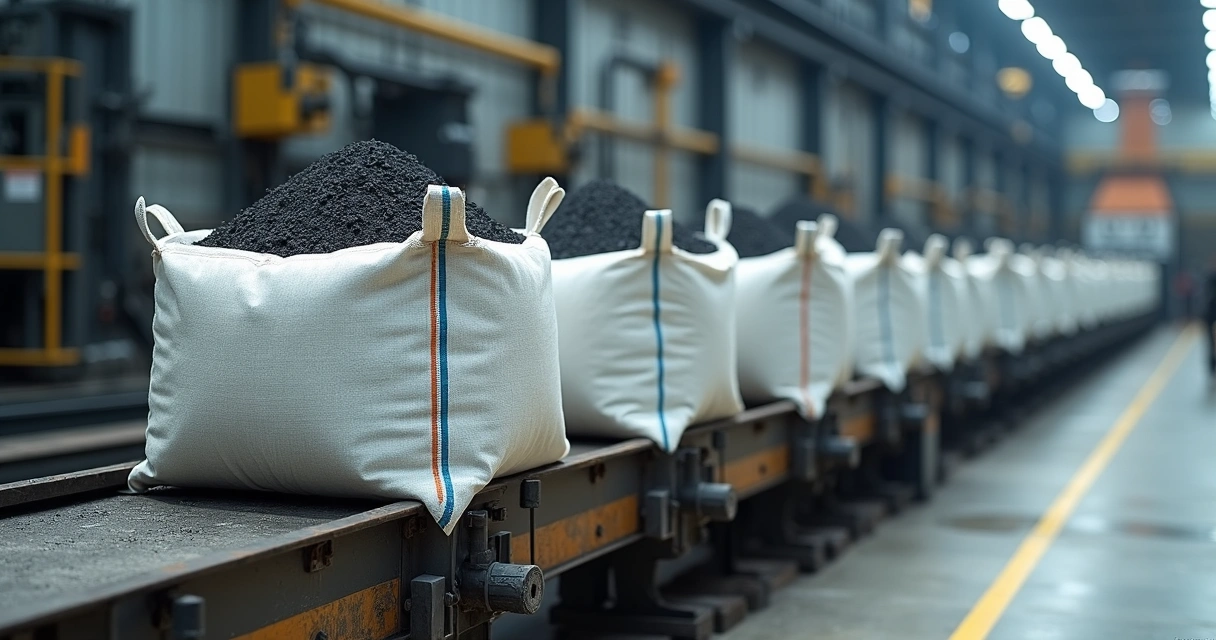 Close de big bags reforçados com minérios em esteira industrial 