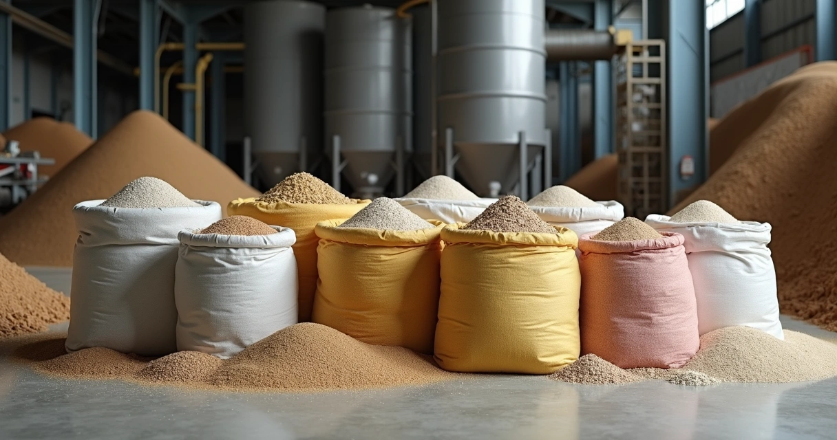 Big bags alinhados contendo grãos, areia e minérios em diferentes ambientes industriais. 