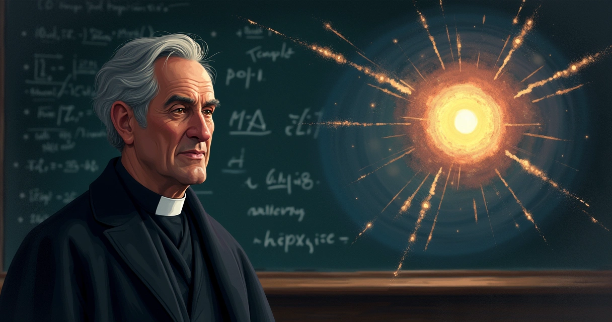Padre Georges Lemaître com equações do Big Bang ao fundo 