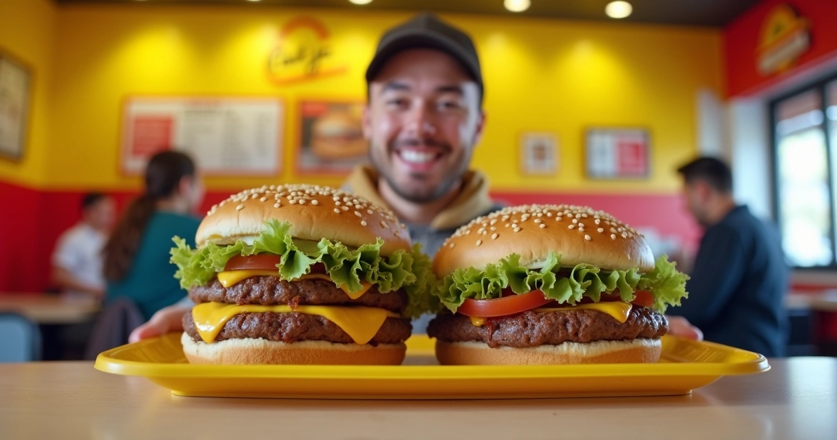 Bandeja com dois Big Carl em destaque no balcão do restaurante Carl's Jr.