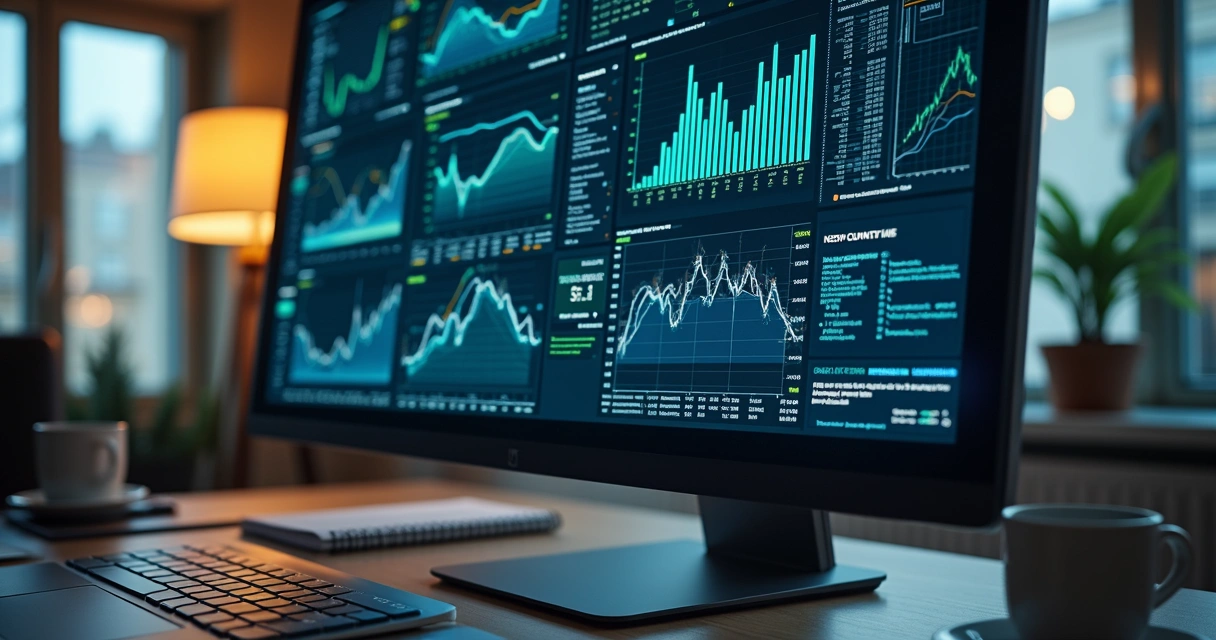 Tela de computador com gráficos financeiros e código, representando análise de risco com big data 
