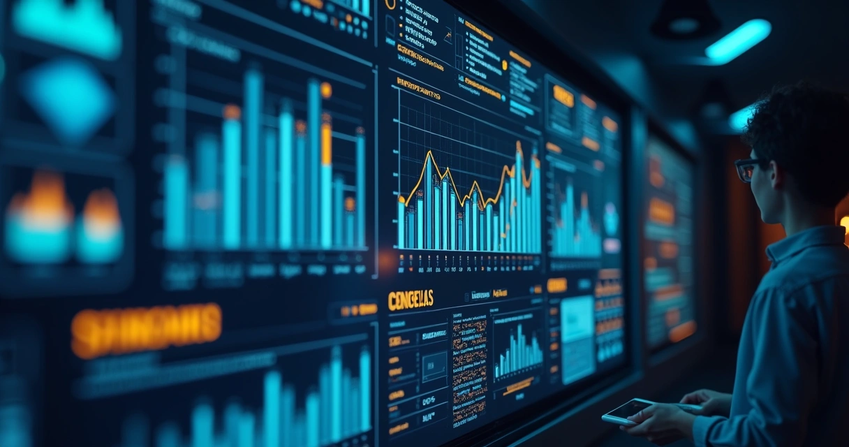 Painel digital mostrando big data de clientes e indicadores de previsão de churn