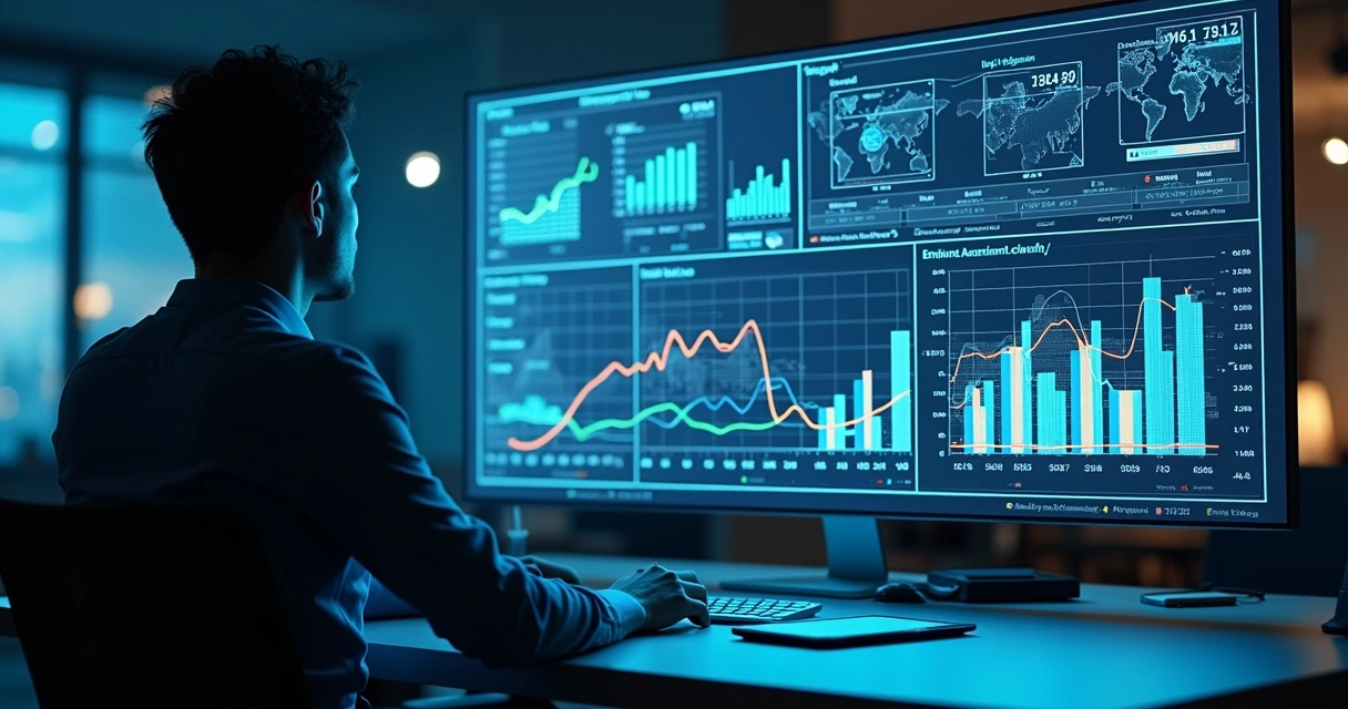 Dashboard imobiliário mostrando big data, gráficos e tendências de mercado 