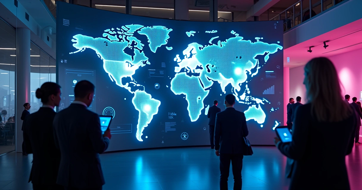 Painel com logos de grandes empresas de tecnologia conectados por dados digitais 