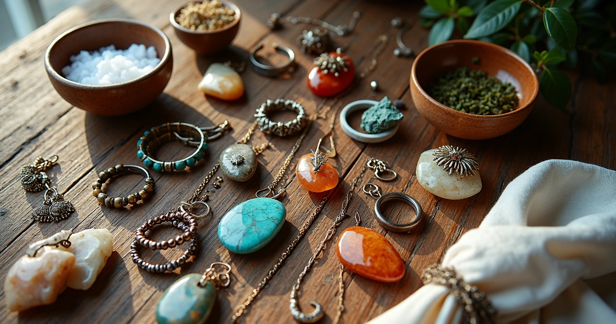 Bijuterias energéticas coloridas em mesa de madeira 