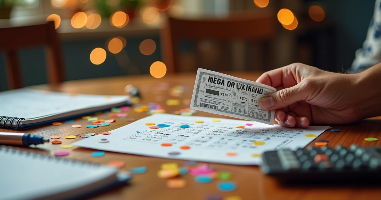 Bilhete da Mega da Virada sobre mesa de madeira 