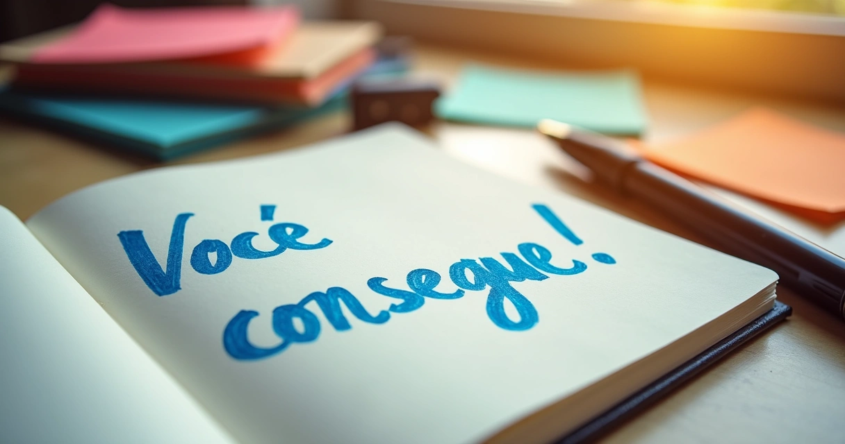 Bilhete motivacional escrito à mão ao lado de caderno de estudo 