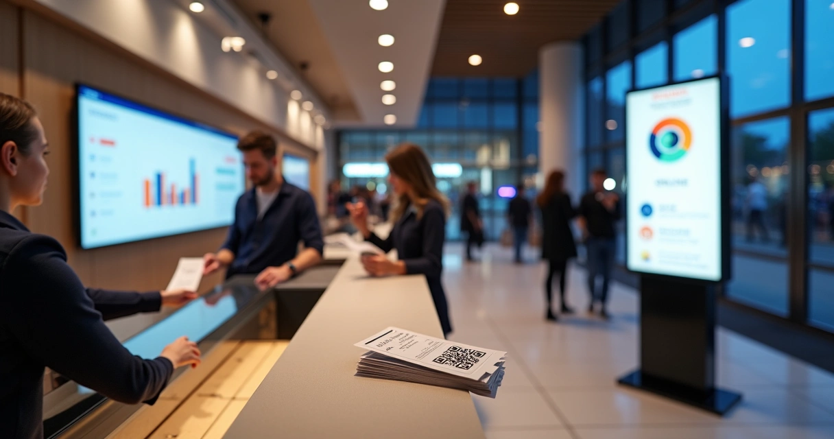 Atendente de bilheteria física e painel digital exibindo vendas de ingressos lado a lado 