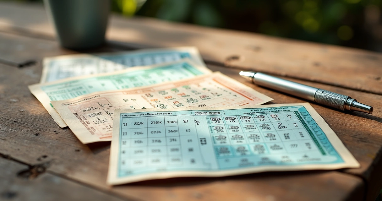 Vários bilhetes de loteria dispostos em uma mesa de madeira