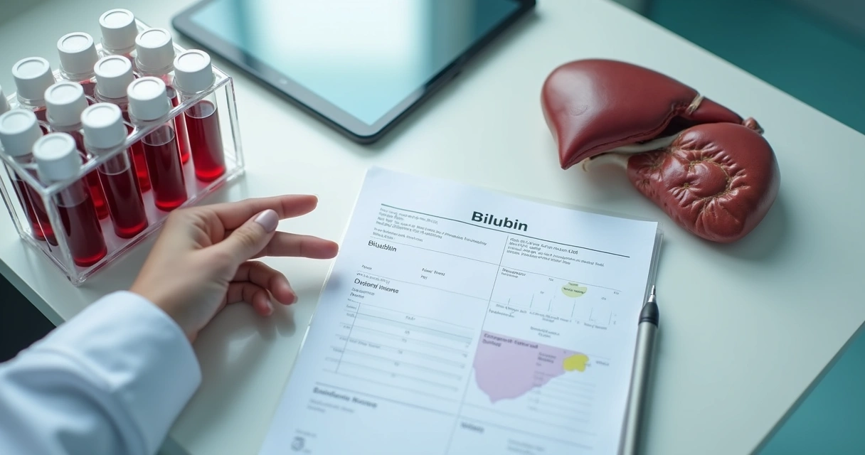 Mão apontando resultado de bilirrubina alta em exame de sangue ampliado em mesa de consultório 