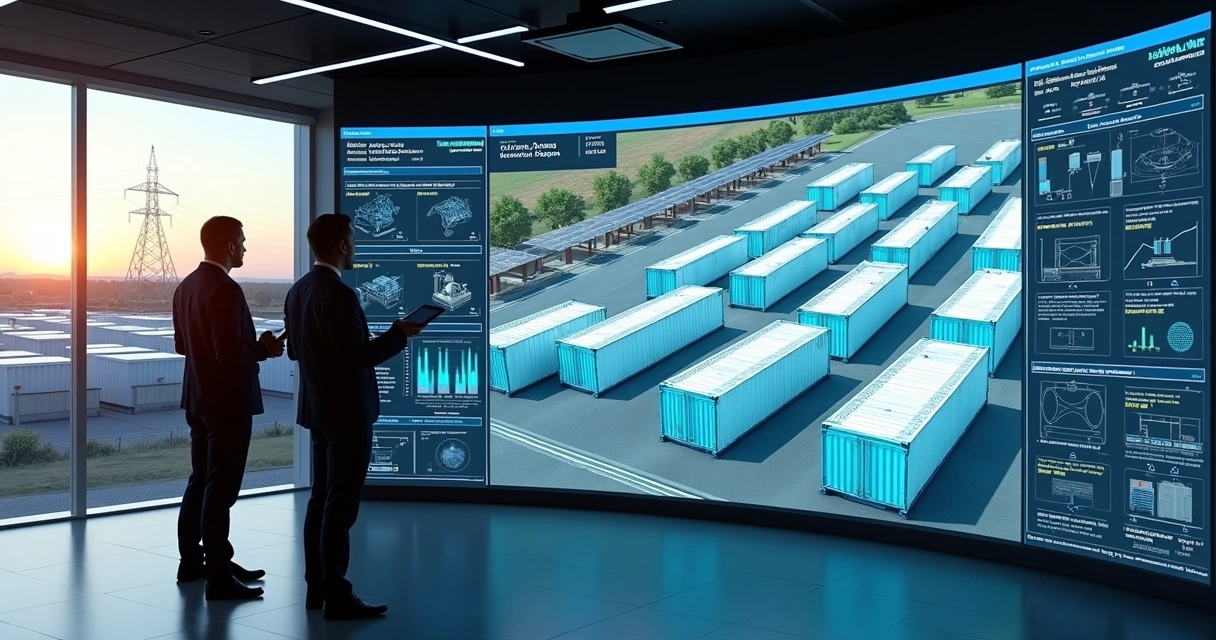 Engenheiros analisando modelo BIM de sistema BESS em centro de controle moderno 