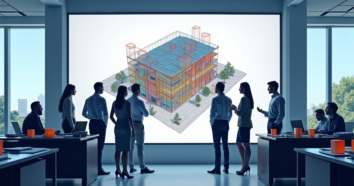 Equipe de construção analisando projeto digital em tela 