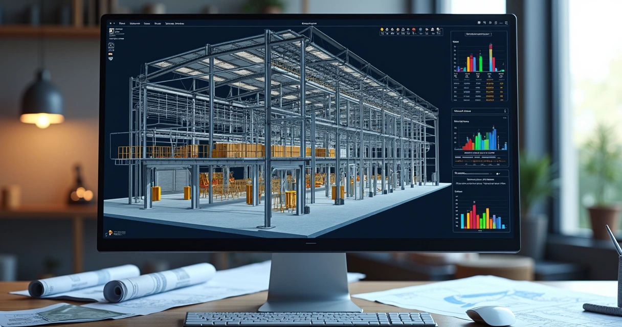 Tela de computador mostrando modelo 3D BIM com gráficos e cronogramas ao lado 