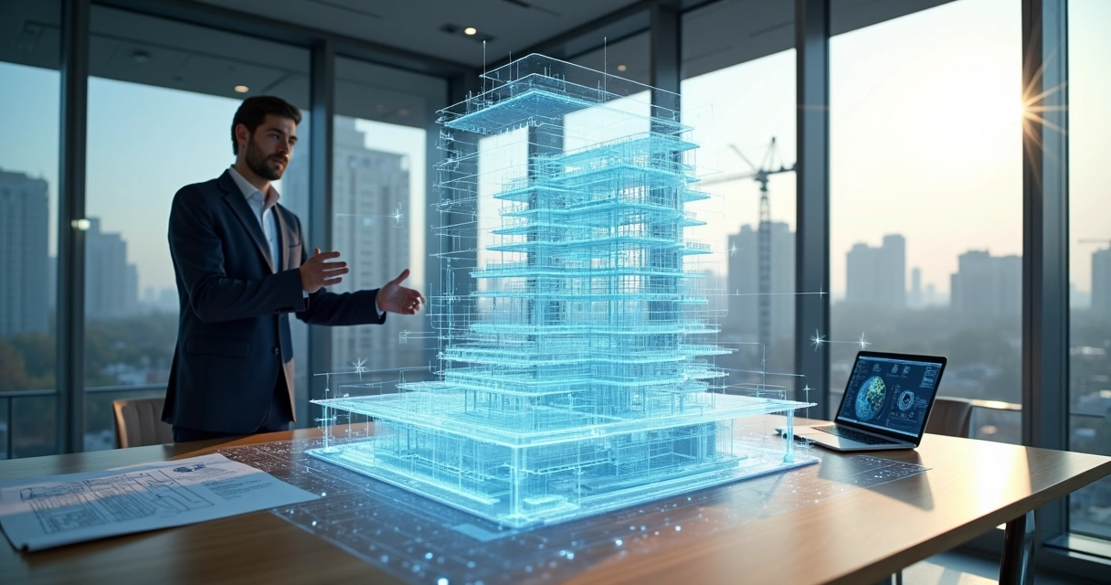 Engenheiro apresentando modelo BIM 3D holográfico sobre maquete de obra 