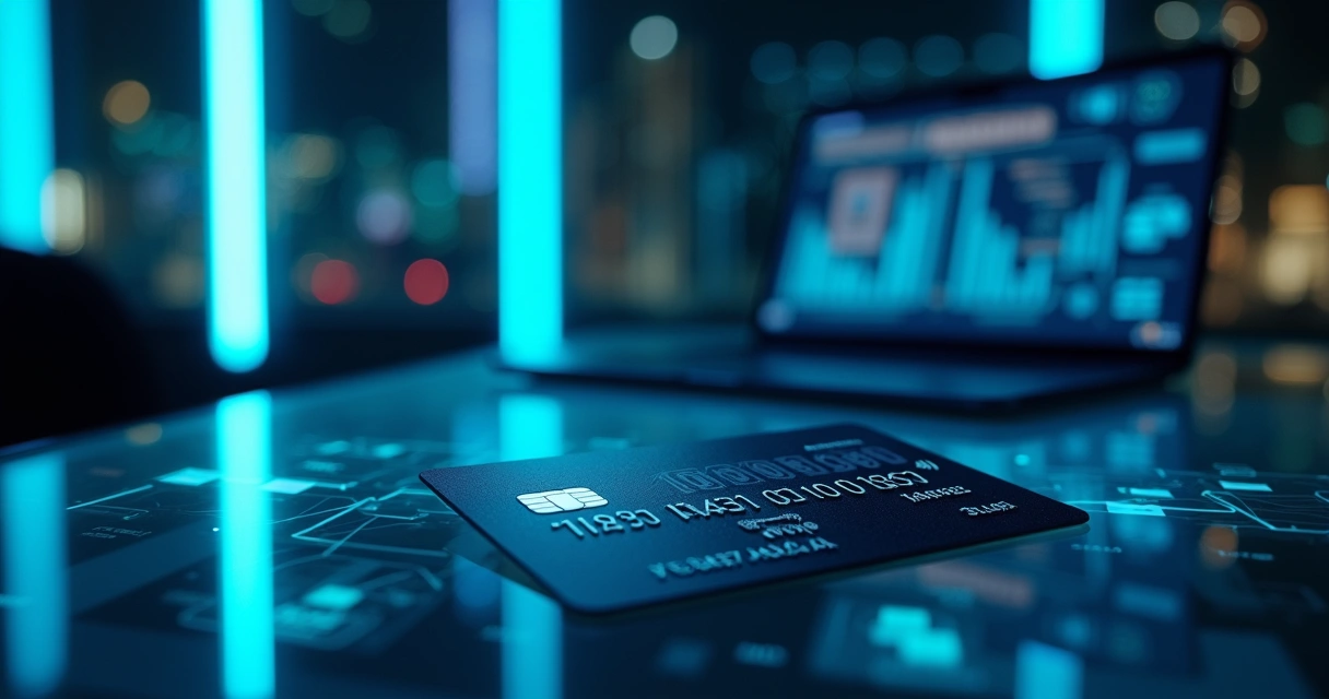 Cartão de crédito sobre mesa de vidro com destaque para primeiros dígitos e interface digital de pagamentos ao fundo 