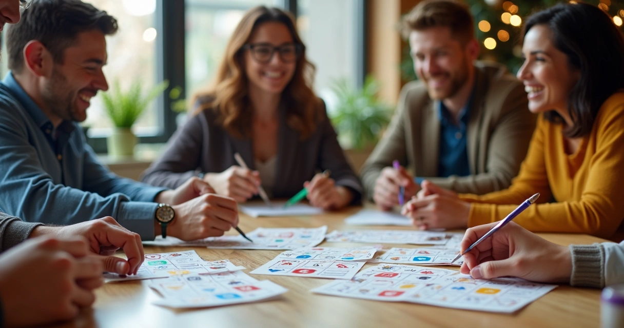 Pessoas jogando bingo personalizado em evento de trabalho 