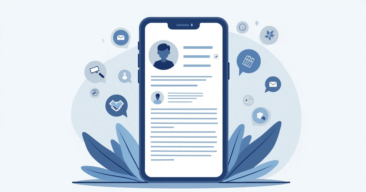 Ilustração corporativa mostrando perfil de influenciador no celular com bio estratégica e ícones de engajamento e parcerias 