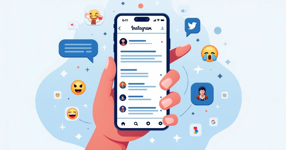 Ilustração corporativa plana de uma pessoa segurando um celular mostrando uma bio do Instagram com frases de impacto e emojis, ao redor elementos gráficos que representam engajamento, confiança e conexões profissionais 
