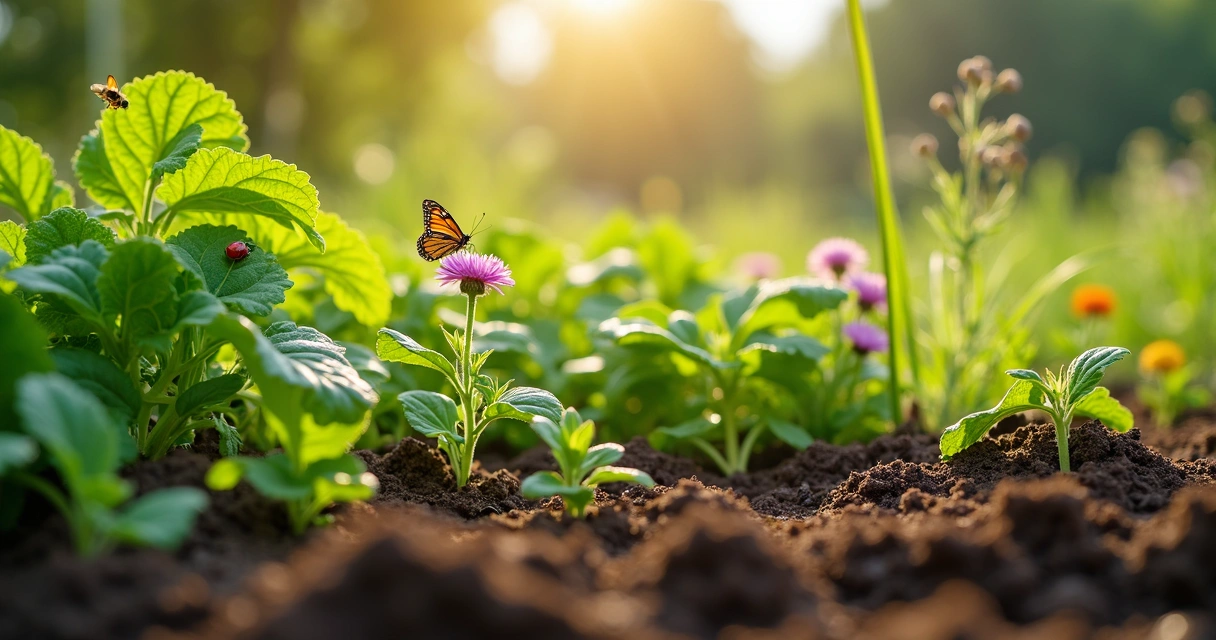 Variedade de plantas, flores e insetos em fazenda orgânica 