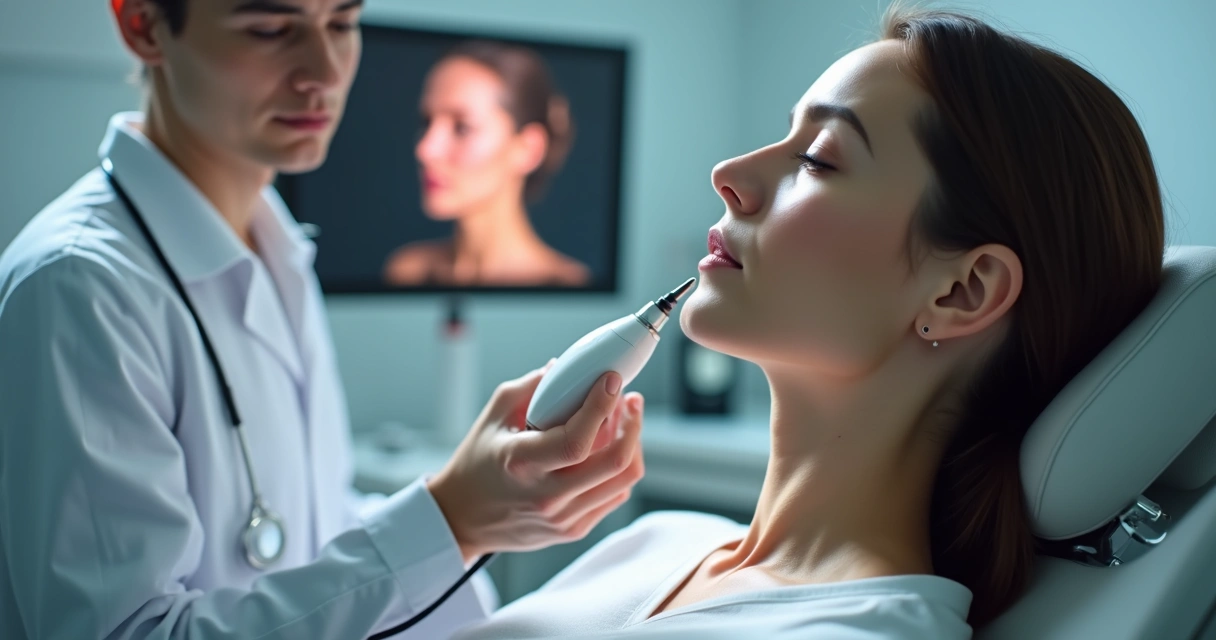 Profissional utiliza aparelho em pele de paciente para bioestimulação