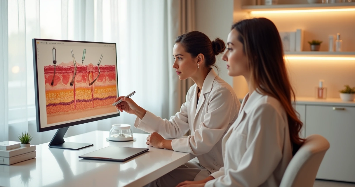 Médica explica bioestimulador de colágeno a paciente mostrando ilustração da pele 