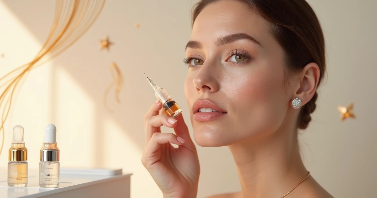 Modelo com pele saudável segurando frasco transparente de bioestimulador de colágeno 