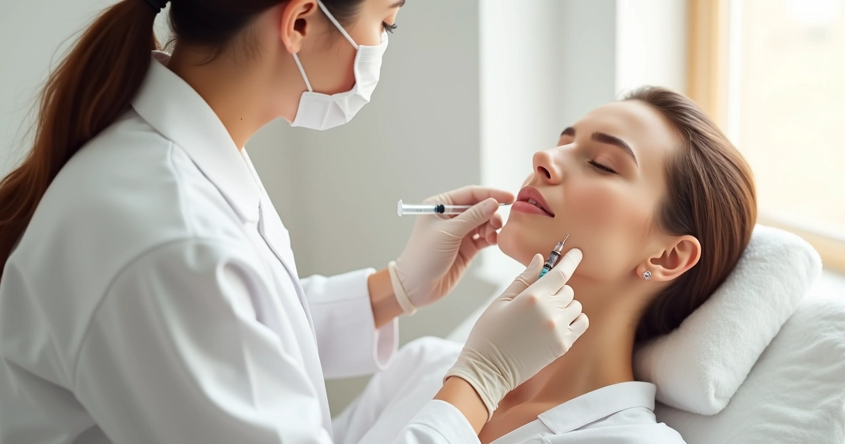 Aplicação de bioestimulador facial por especialista com seringa. 