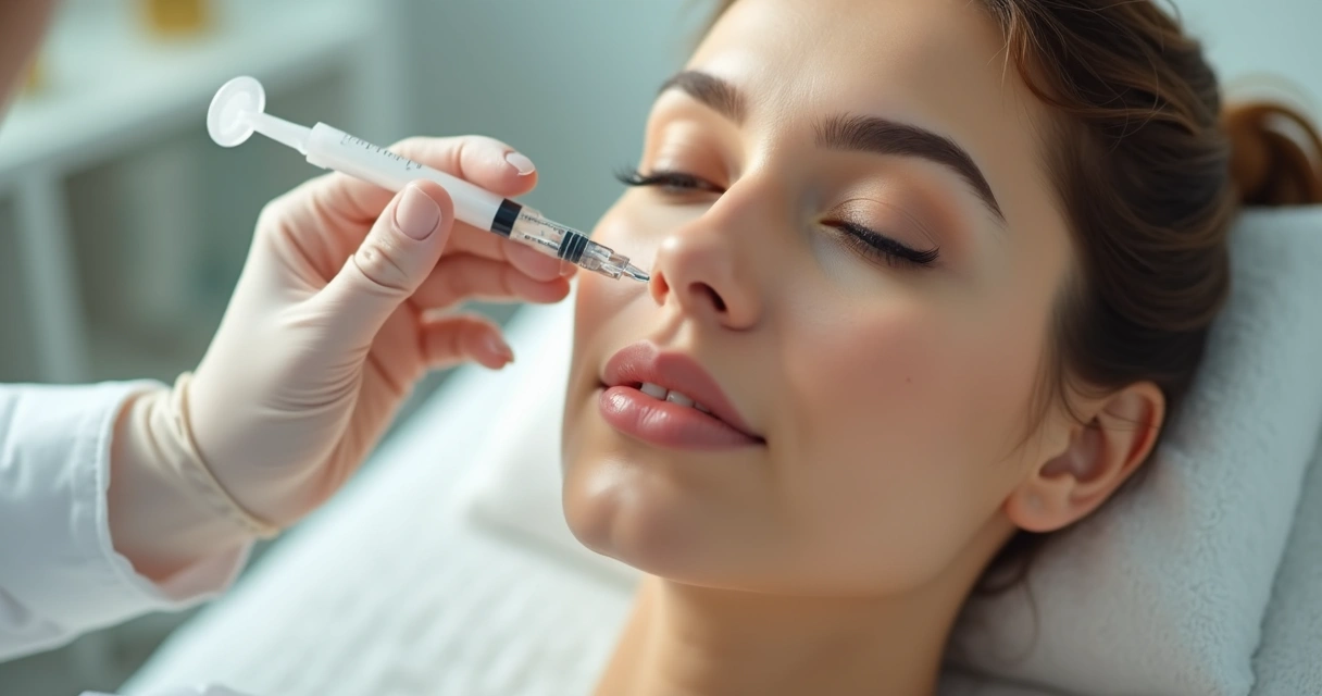 Aplicação de bioestimulador facial para rejuvenescimento em mulher de pele clara, close no rosto, com fundo branco e detalhes dourados 