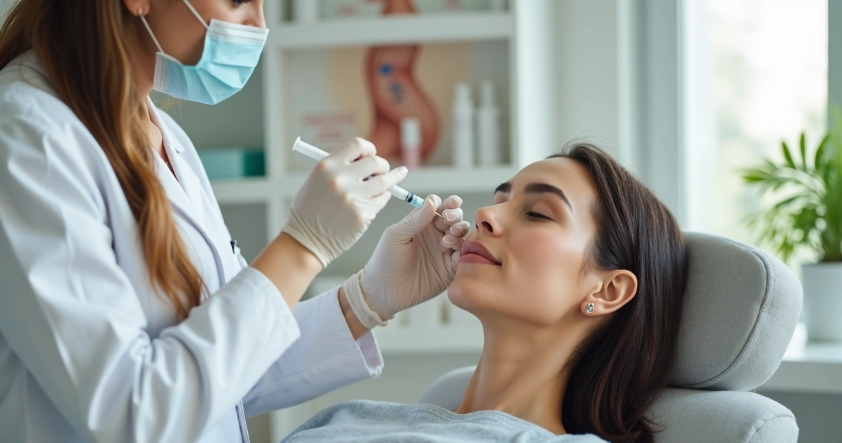 Dermatologista aplica bioestimulador de colágeno no rosto de mulher adulta em clínica moderna 