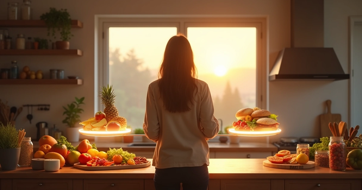 Persona en cocina eligiendo entre alimentos saludables y procesados frente a una balanza de luz 