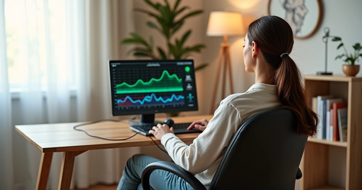 Pessoa em sessão de biofeedback observando gráficos das próprias respostas fisiológicas em um monitor 