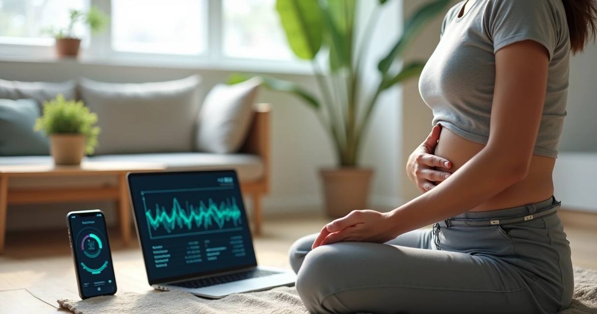 Person using a biofeedback device to train breathing with real-time graphs on screen 