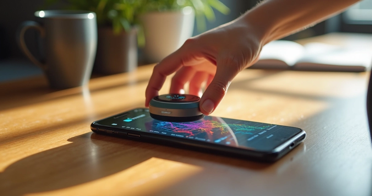 Person using a small device for breath biofeedback on a table 